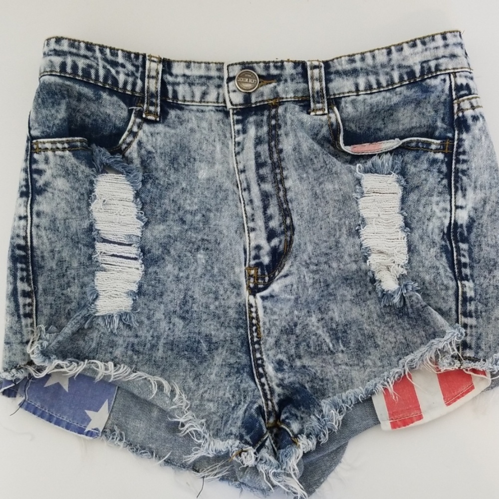 High Waisted Acid Wash Cut Off Flag Shorts